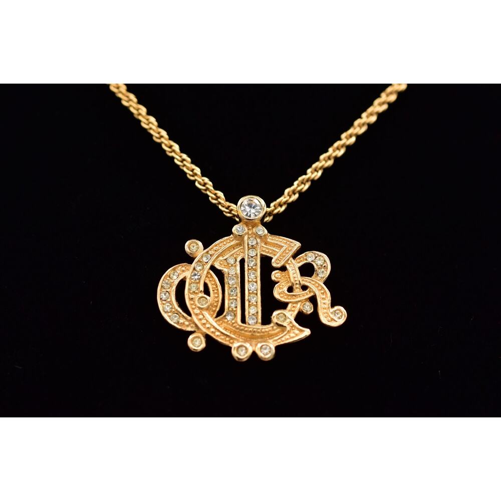 Christian Dior Vintage Crystal Insignia Logo Necklace Script Monogram 80s Bin1